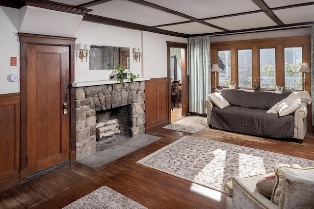 living room with a stone fireplace, crown molding, a wainscoted wall, and wood finished floors