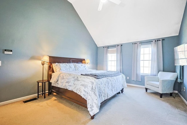 carpeted bedroom featuring baseboards, vaulted ceiling, ceiling fan, and visible vents