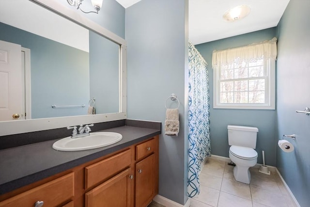 full bath featuring toilet, baseboards, tile patterned flooring, and vanity