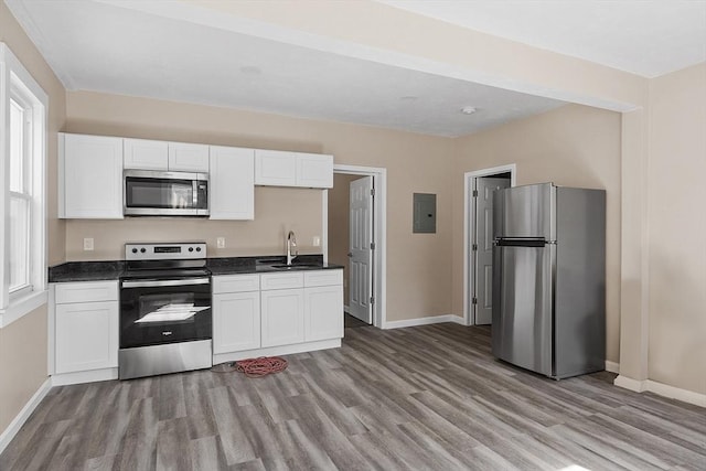 kitchen with a sink, stainless steel appliances, white cabinetry, dark countertops, and light wood-type flooring