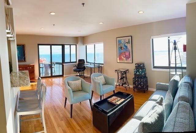 living room featuring plenty of natural light, light hardwood / wood-style floors, and a water view