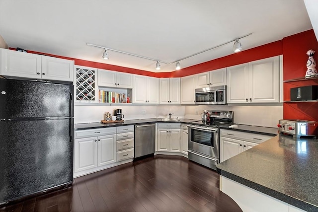 131 Coolidge Ave Unit 621, Watertown, MA 02472 - kitchen featuring appliances with stainless steel finishes, open shelves, dark countertops, dark wood-style flooring, and white cabinets