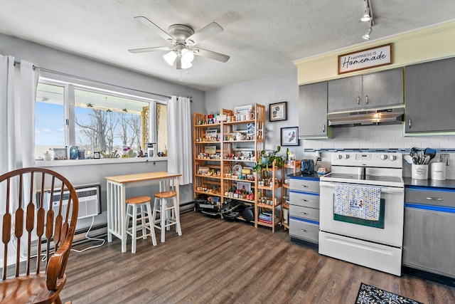 kitchen featuring white range with electric cooktop, ceiling fan, gray cabinets, and dark wood-type flooring