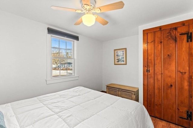 bedroom with wood-type flooring, a closet, and ceiling fan