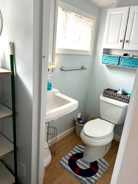 bathroom with toilet and hardwood / wood-style flooring