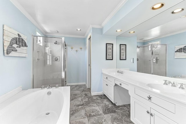 bathroom featuring a sink, recessed lighting, ornamental molding, a garden tub, and a stall shower