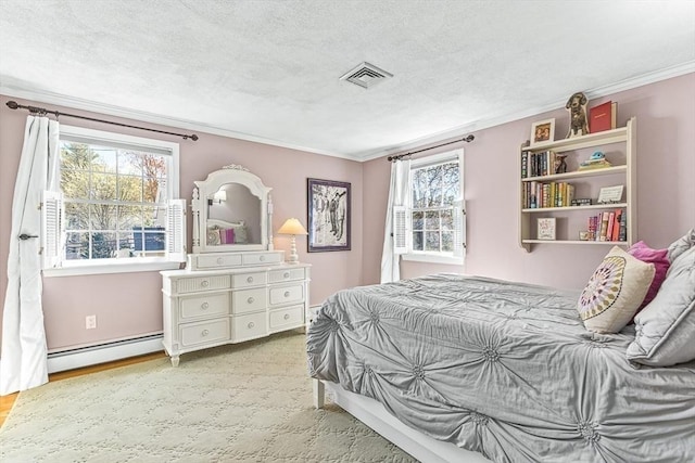 bedroom featuring a textured ceiling, visible vents, ornamental molding, and a baseboard radiator
