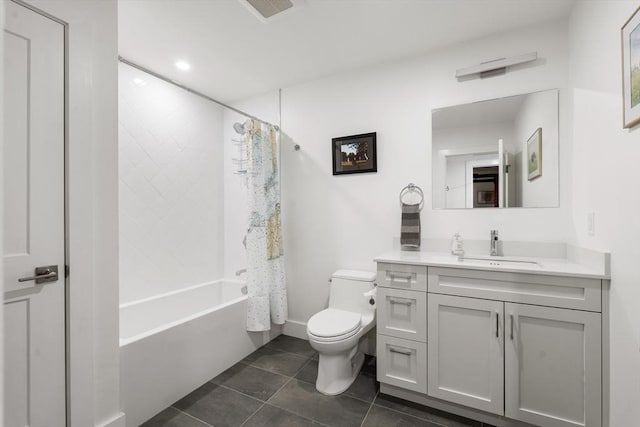 full bath featuring visible vents, toilet, shower / tub combo with curtain, tile patterned flooring, and vanity