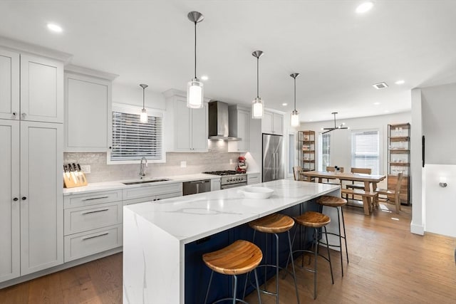 kitchen featuring visible vents, a sink, a center island, wall chimney range hood, and high end appliances