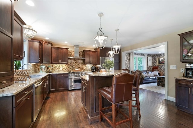 50 Elm St, Plympton, MA 02367 - kitchen featuring stainless steel appliances, wall chimney exhaust hood, a sink, dark brown cabinets, and dark wood finished floors