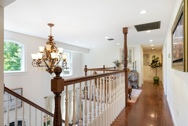 50 Elm St, Plympton, MA 02367 - corridor with an upstairs landing, wood finished floors, baseboards, a chandelier, and recessed lighting