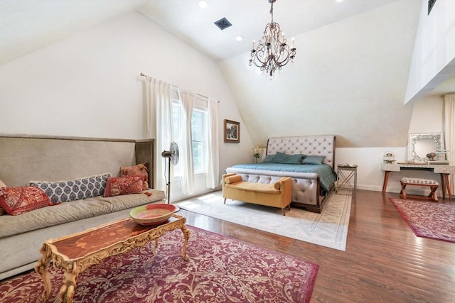 50 Elm St, Plympton, MA 02367 - bedroom featuring wood finished floors, a chandelier, high vaulted ceiling, and recessed lighting
