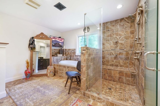 50 Elm St, Plympton, MA 02367 - full bathroom with a shower stall, a garden tub, tile patterned floors, and recessed lighting