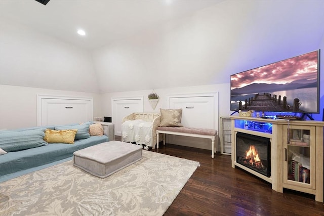 50 Elm St, Plympton, MA 02367 - living room with vaulted ceiling, wood finished floors, recessed lighting, and a glass covered fireplace