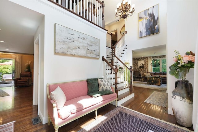 50 Elm St, Plympton, MA 02367 - foyer with wood finished floors, a chandelier, stairway, and a towering ceiling