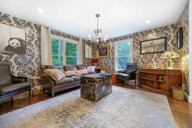 50 Elm St, Plympton, MA 02367 - living area featuring wallpapered walls, a chandelier, wood finished floors, baseboards, and recessed lighting