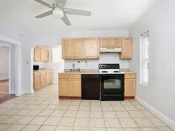 8 Hall Ave Unit 2, Braintree, MA 02184 - kitchen with range with electric cooktop, black dishwasher, under cabinet range hood, light brown cabinets, and a ceiling fan