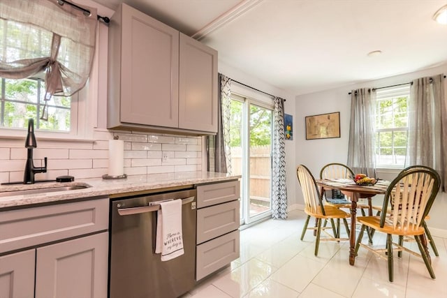 66 Captain Cook Ln Unit 66, Barnstable, MA 02632 - kitchen with dishwasher, a sink, gray cabinets, tasteful backsplash, and light stone countertops