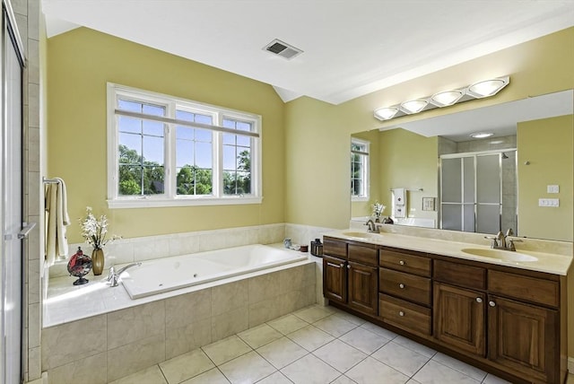 26 Waterville Ln, Shrewsbury, MA 01545 - bathroom featuring a stall shower, healthy amount of natural light, a jetted tub, and tile patterned flooring