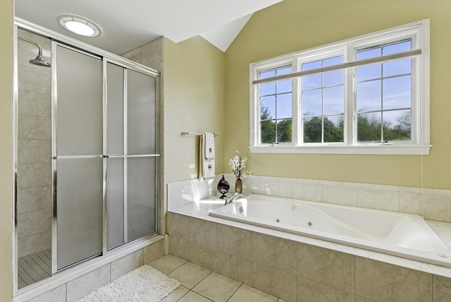 26 Waterville Ln, Shrewsbury, MA 01545 - full bath featuring a shower stall, a tub with jets, tile patterned floors, and vaulted ceiling