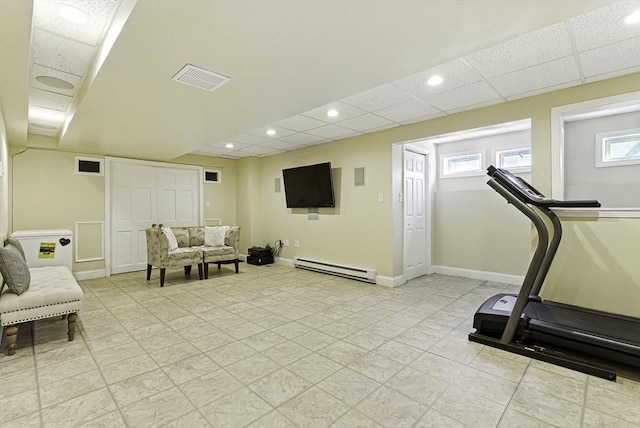 26 Waterville Ln, Shrewsbury, MA 01545 - exercise area with baseboard heating, baseboards, recessed lighting, and light tile patterned floors