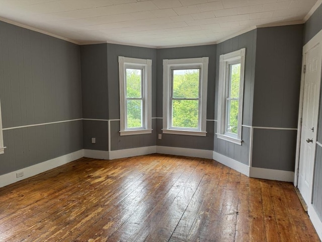 348 Fairmount St, Fitchburg, MA 01420 - unfurnished room featuring ornamental molding, hardwood / wood-style floors, baseboards, and wooden walls