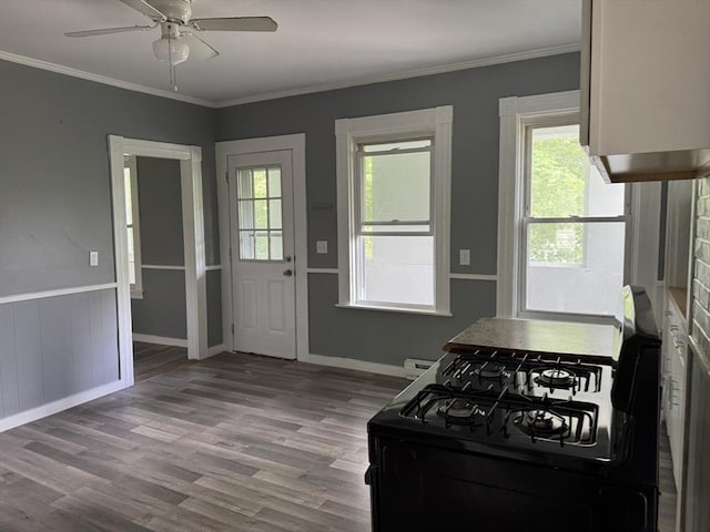 348 Fairmount St, Fitchburg, MA 01420 - kitchen featuring black range with gas cooktop, wood finished floors, ceiling fan, ornamental molding, and baseboards