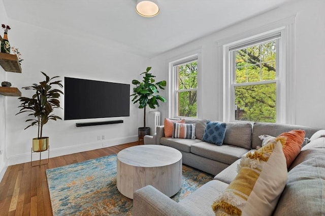 living area with wood finished floors, baseboards, and radiator