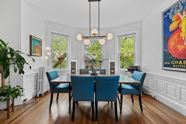 dining area with radiator, wood finished floors, wainscoting, and a decorative wall