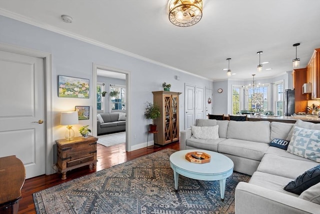 living room with dark hardwood / wood-style flooring, crown molding, plenty of natural light, and a chandelier