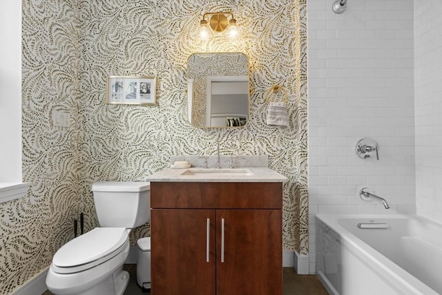 full bathroom with toilet, wallpapered walls, vanity, and shower / bathing tub combination