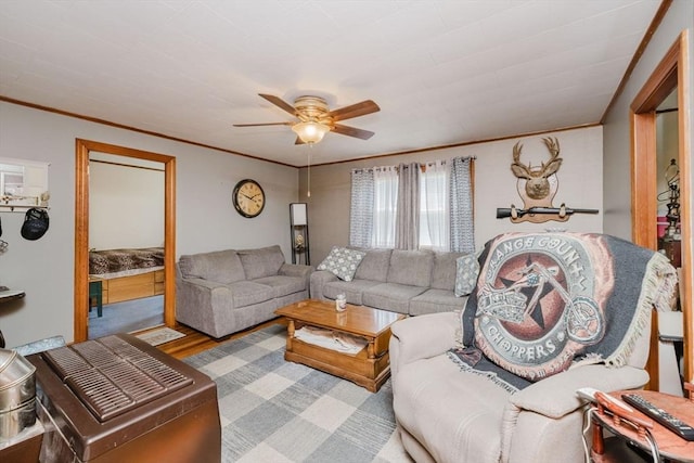 20 Wilcox St, Fall River, MA 02724 - living area featuring crown molding, a ceiling fan, and wood finished floors
