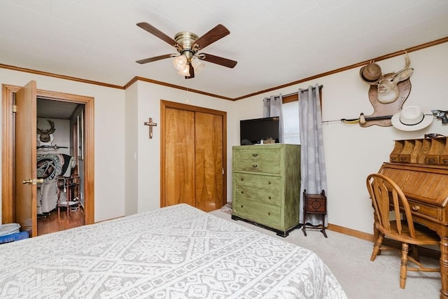 20 Wilcox St, Fall River, MA 02724 - bedroom with carpet flooring, a ceiling fan, crown molding, and a closet