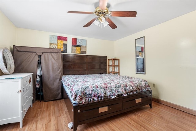 bedroom with ceiling fan and light wood-type flooring