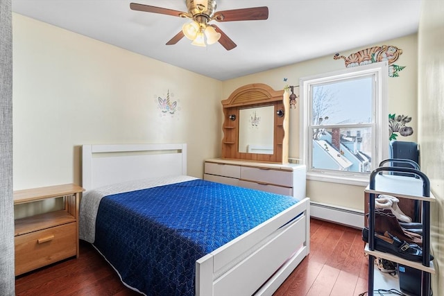 bedroom featuring ceiling fan, dark hardwood / wood-style floors, and baseboard heating