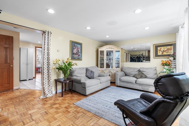 living room featuring light parquet flooring