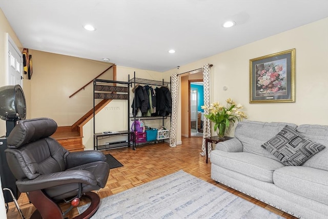 living room with parquet floors