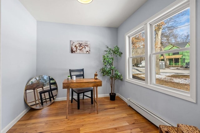 office featuring light wood-type flooring and a baseboard radiator