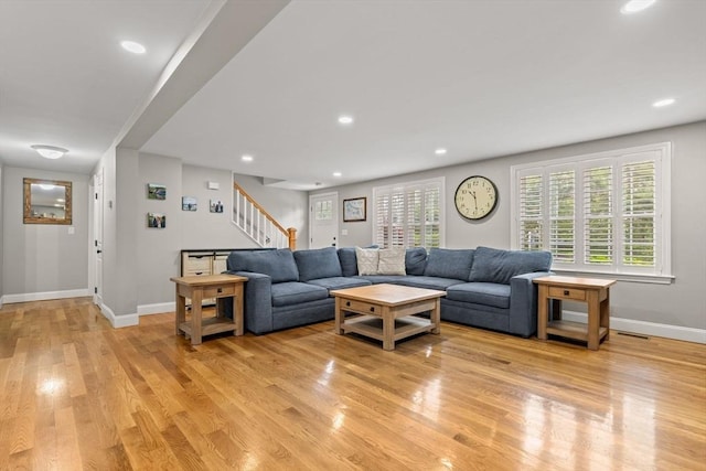 85 Mann Hill Rd, Scituate, MA 02066 - living area featuring stairs, light wood-type flooring, and recessed lighting
