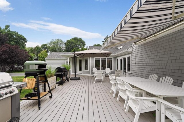 85 Mann Hill Rd, Scituate, MA 02066 - wooden terrace featuring outdoor dining area and a grill
