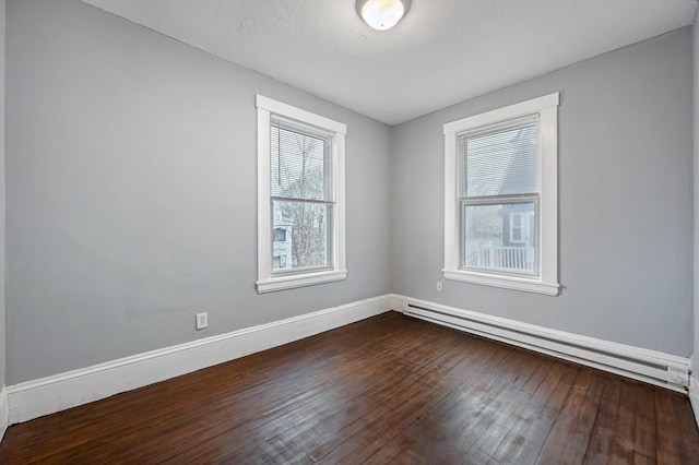 empty room with a baseboard radiator, dark wood-style flooring, and baseboards