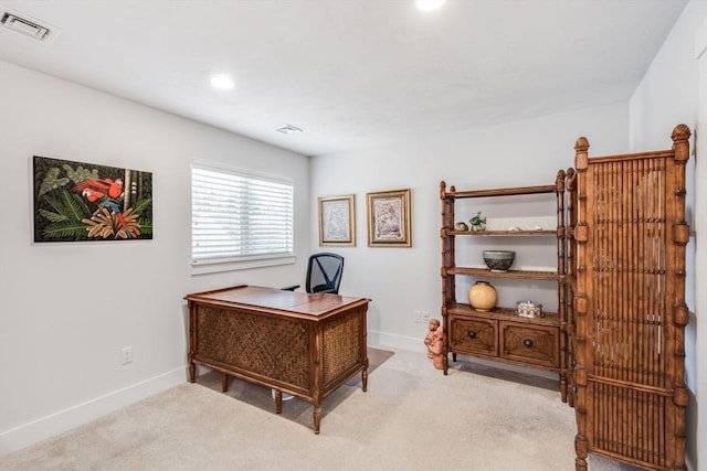 office area featuring recessed lighting, light carpet, visible vents, and baseboards