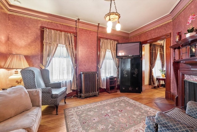 living area with radiator heating unit, a premium fireplace, ornamental molding, and wood finished floors