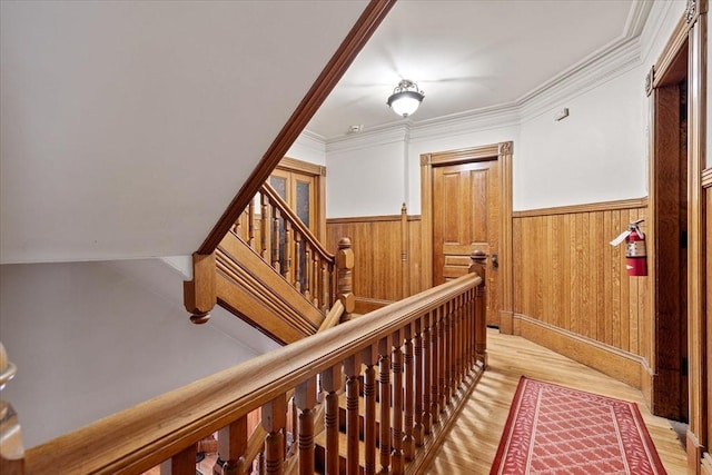 corridor with light wood-type flooring, crown molding, and wainscoting