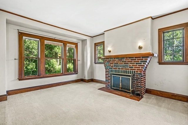 68 Barnard Ave, Watertown, MA 02472 - unfurnished living room with carpet, crown molding, and a brick fireplace