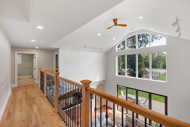 19 Hardscrabble Rd, Sterling, MA 01564 - corridor featuring an upstairs landing, light wood-style floors, rail lighting, recessed lighting, and high vaulted ceiling