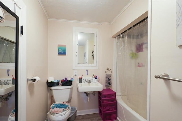 79-81 N Main St, Webster, MA 01570 - bathroom featuring ornamental molding, shower / bath combo, and wood finished floors