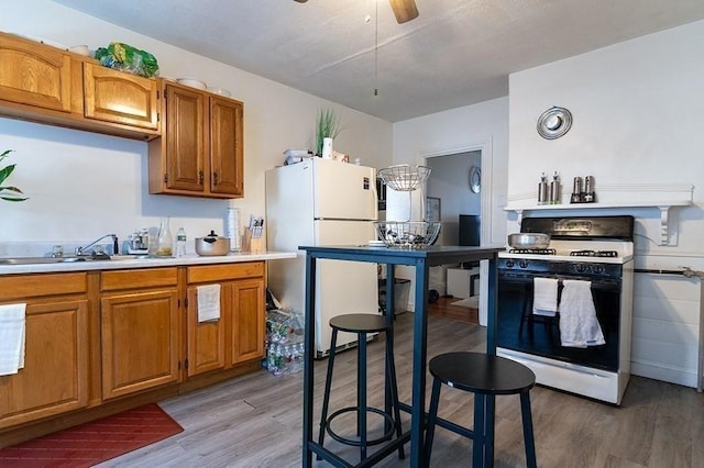 kitchen featuring light wood finished floors, gas range, light countertops, freestanding refrigerator, and a sink