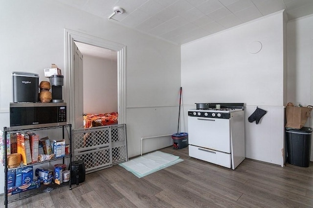 kitchen featuring wood finished floors and white gas range