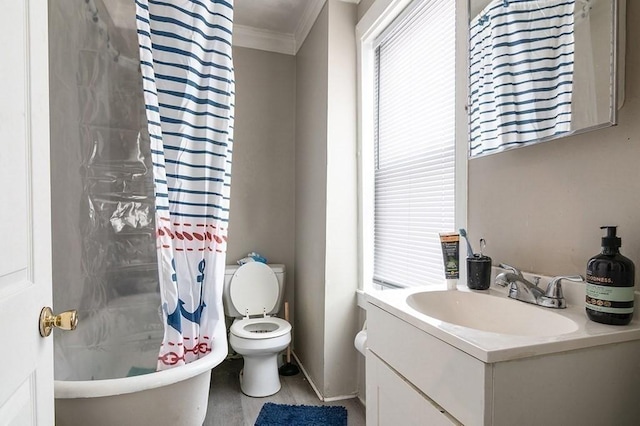 full bathroom with toilet, vanity, and ornamental molding